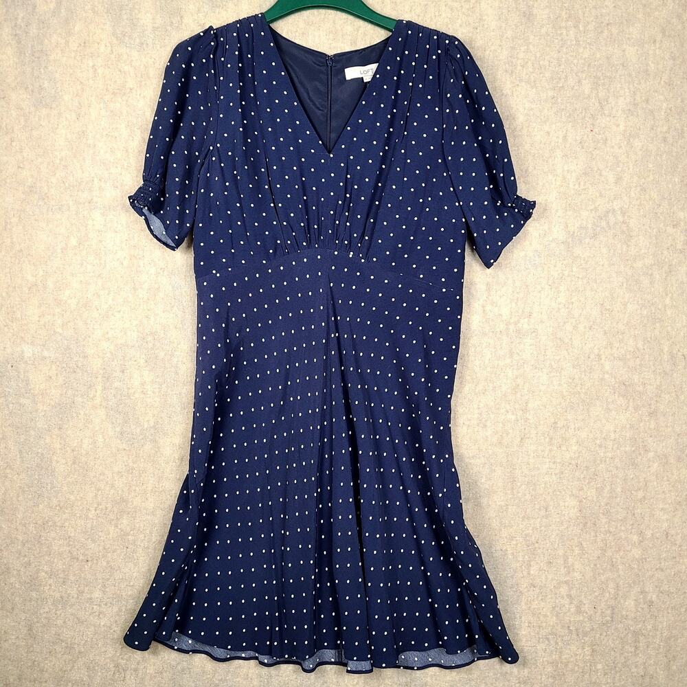Loft Navy Blue Polka Dot V-neck Dress Puff Sleeves Size 10 NWT Retro 40's Style - Picture 2 of 13